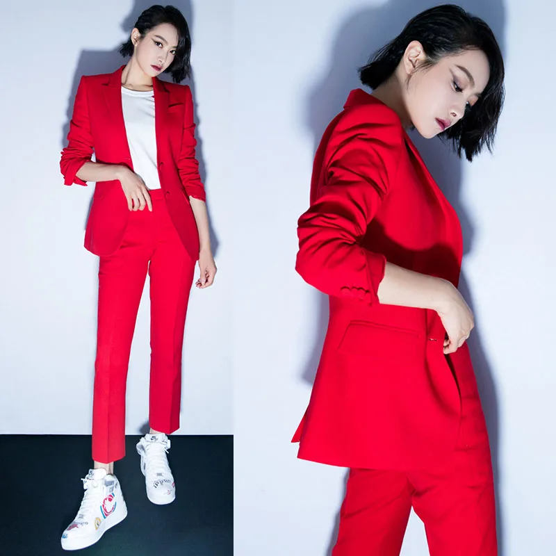 

Red OL professional suit female Korean version was thin fashion handsome suit small jacket suit pants two sets of new wave