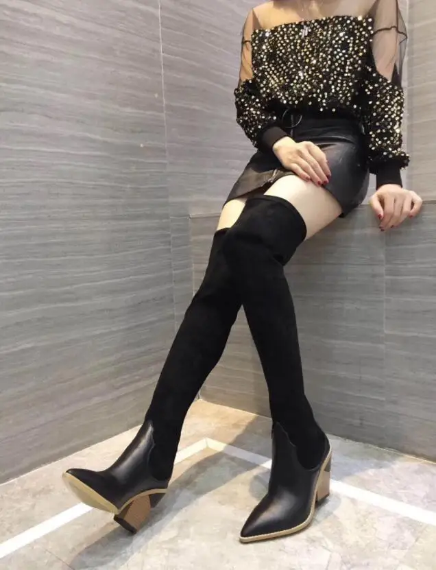 Alto Nuevo Show Alta Mujer Largo Las Slim Botas Del Punta Muslo Moda De Tacón Mujeres Gamuza As Cuero Zapatos Cuadrada Genuino Diseño Slip pwBKrqpZ