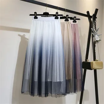 

Meileiya Long Tulle Skirt Women 2019 Color Gradient Korean Elegant High Waist A-line Pleated School Midi Skirt Female