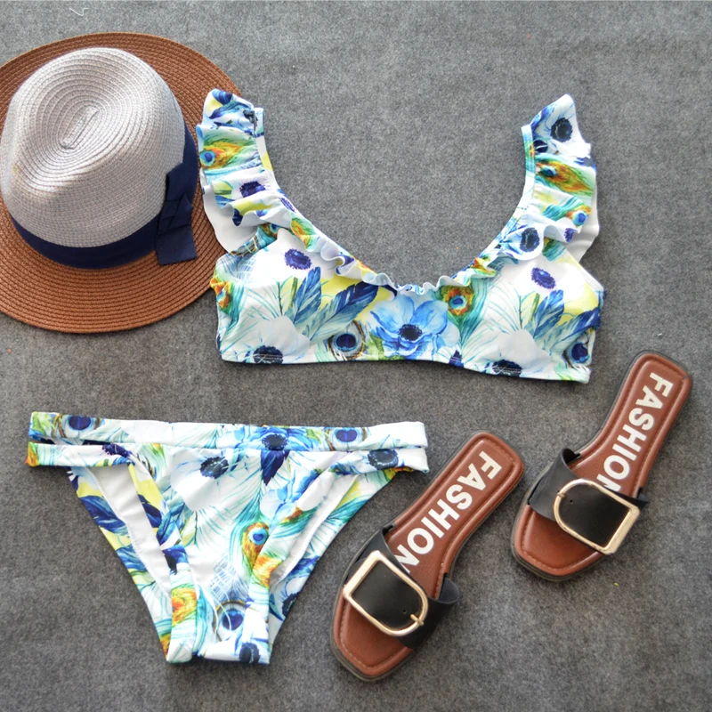 

Double Ruffle Leaves Printing Bikini Low Waist Padded Push up Swimsuits Brazilian Style Halter Top Vintage Retro Beach Wear