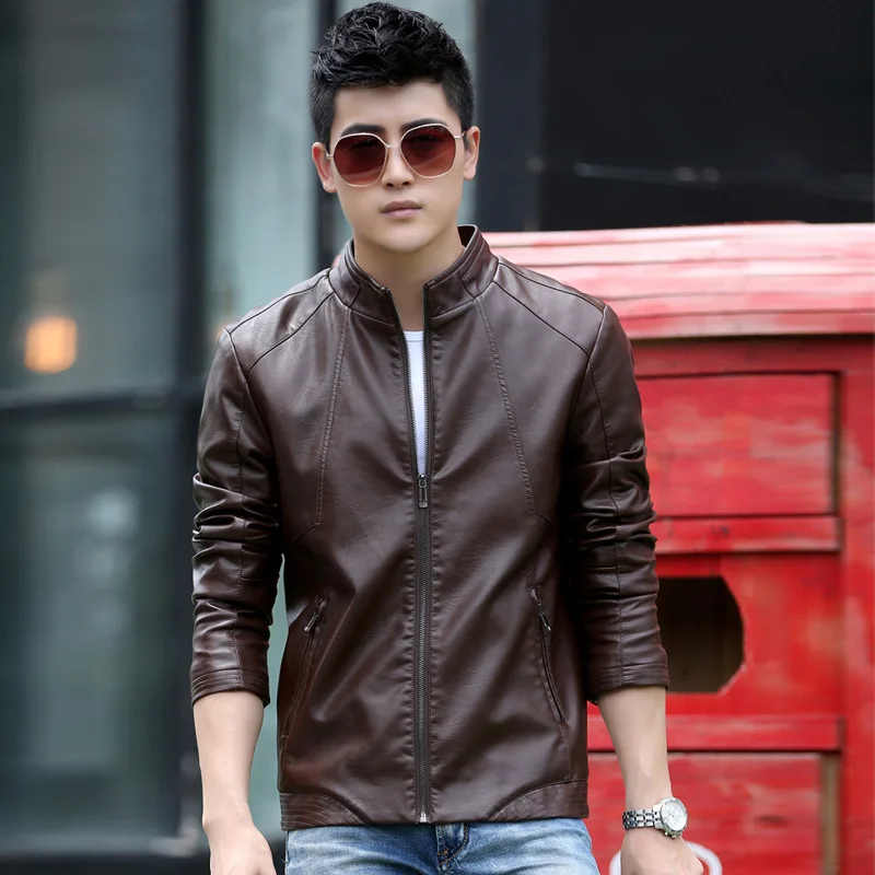Мужская куртка из искусственной кожи мужская стоячий воротник модная мотоциклетная мужская кожаная куртка зимняя куртка уличная одежда