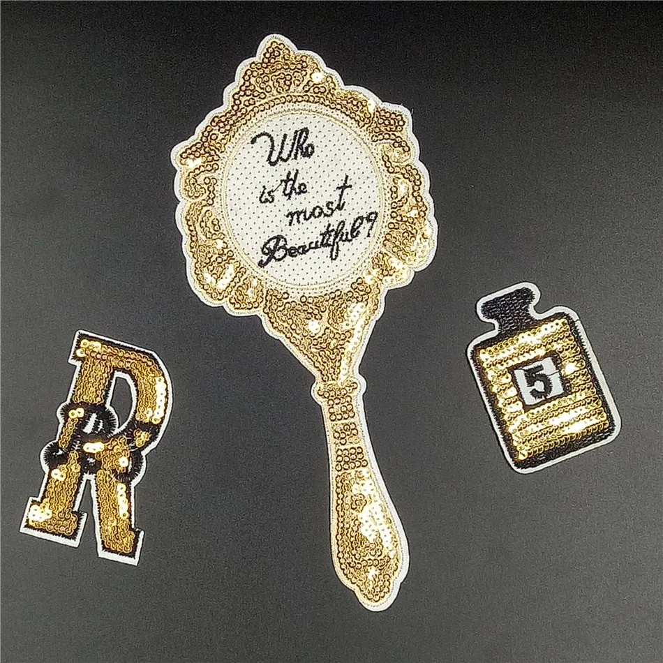 

3PCS/lot Gold sequins iron on Patch Quality Magic Mirror elegant Applique for women dress who is the most beautiful fashion