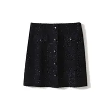 Высокий заказ для путешествий четыре сезона джокер черный яркий шелк с высокими карманами хип твидовая юбка для девочек