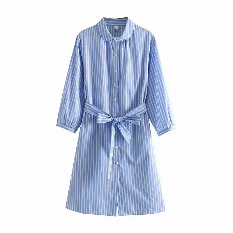 

2019 women fashion striped print bow sashes mini dress ladies chic business buttons vestidos three quarter sleeve dresses DS2272