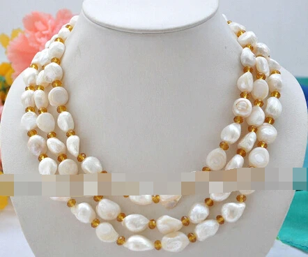 

Hot sell -@@@ A2309 3row 18" 12mm white baroque freshwater cultured pearl Citrine necklace -Top quality free shipping