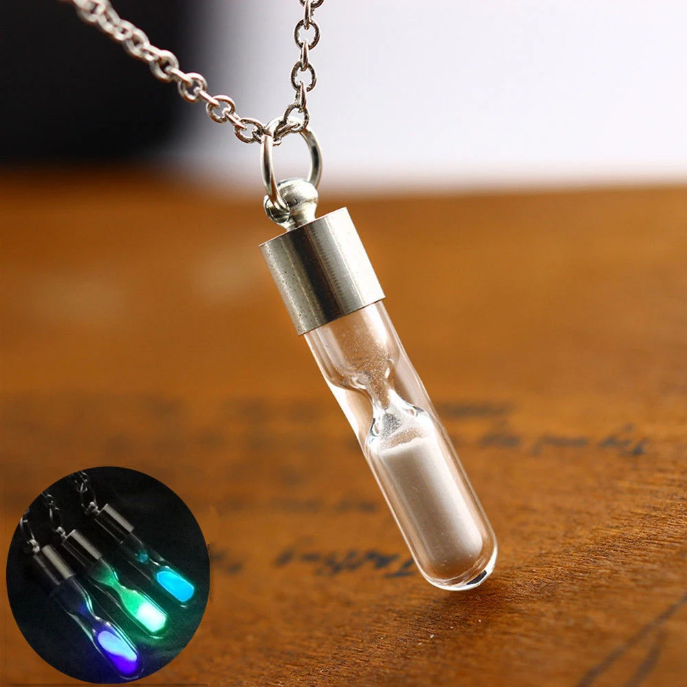 Luminous Glass Hourglass Pendant Necklaces Women Mens Glow in the Dark
