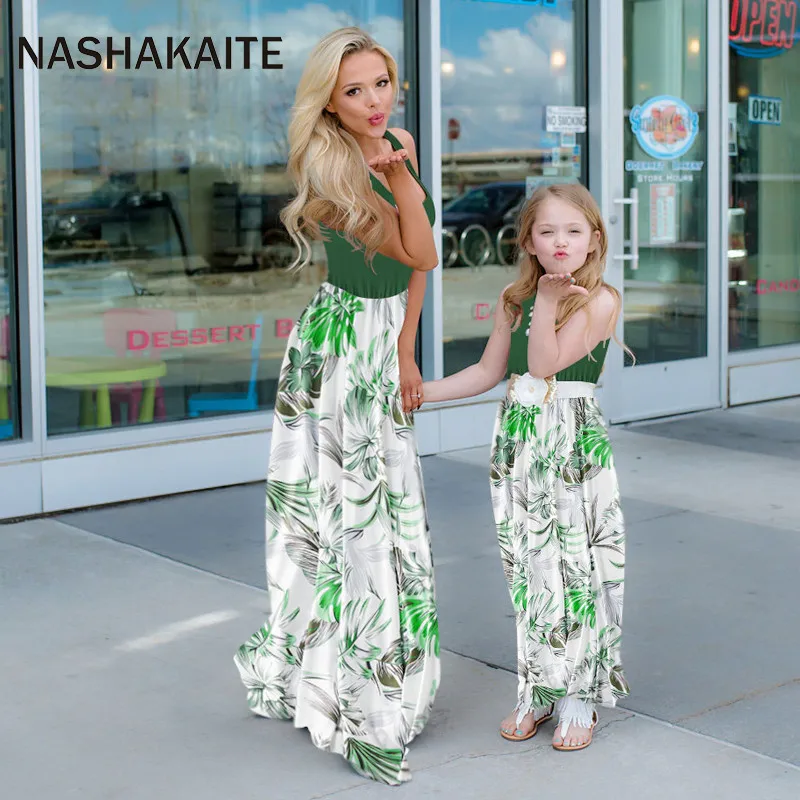 NASHAKAITE/платье для мамы и дочки; платье в стиле пэчворк с принтом зеленых листьев; длинное платье на бретелях для мамы и дочки; Летние Семейные комплекты