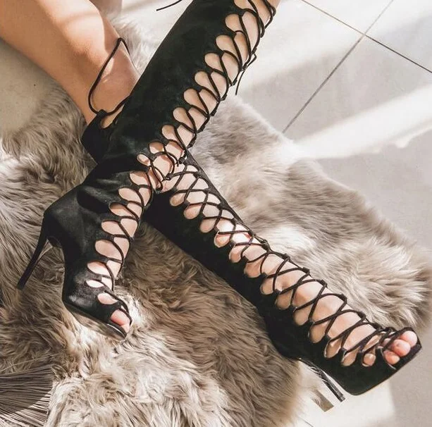 

Big Size 10 Black Suede Leather Peep Toe Lace-up Tight High Sandal Boot Cutouts Thin Heel Knee High Summer Boots Woman