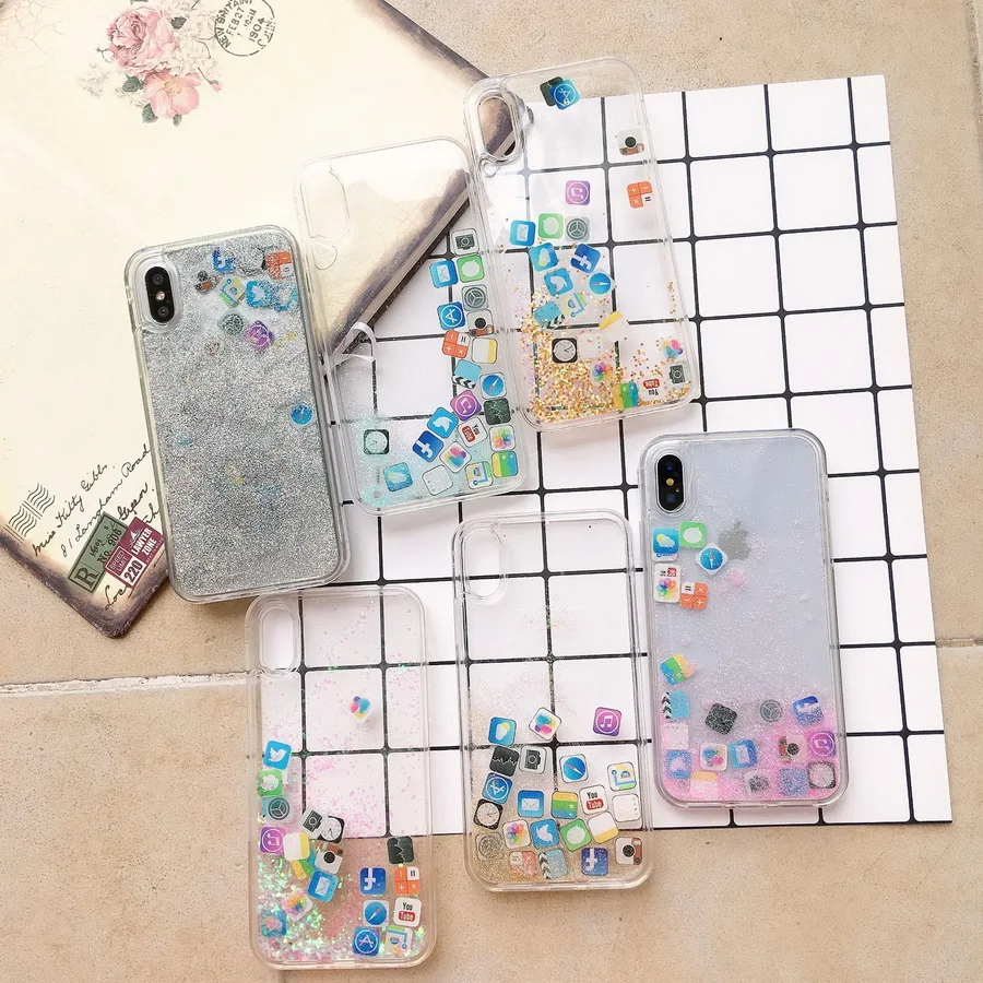 

50pcs Stylish Funny Mobile Application Icons Phone Case For iphone X XS MAX 8 7 6 6s plus Dynamic Liquid Quicksand Back Case