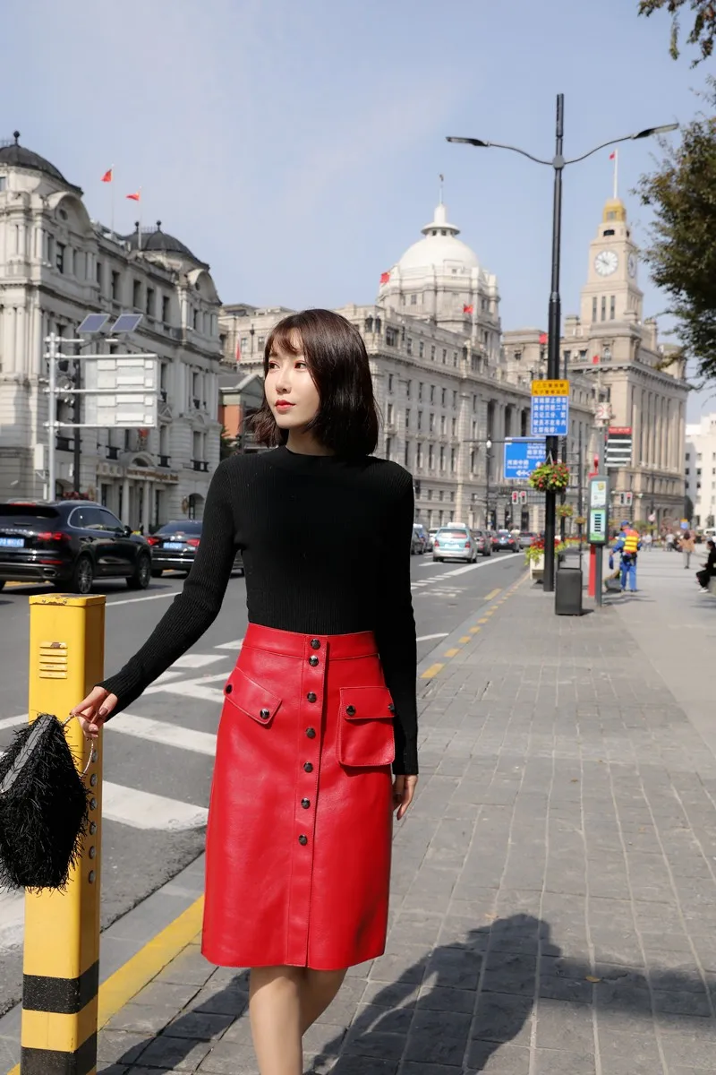 Top Quality Genuine Leather Womens Knee Length Skirts High Waist Single Breasted Pockets Office Ladies Sheepskin A-Line Skirts