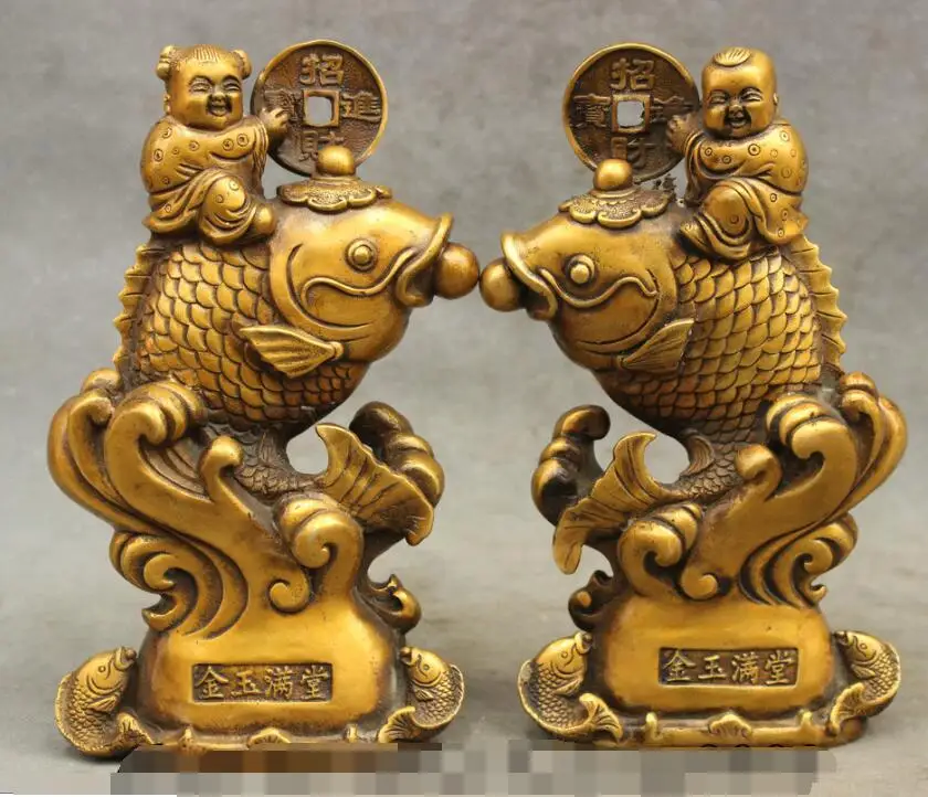 

S06918 9" Chinese Bronze FengShui Wealth Coin Kid Child Statue Ride Fish Sculpture Pair
