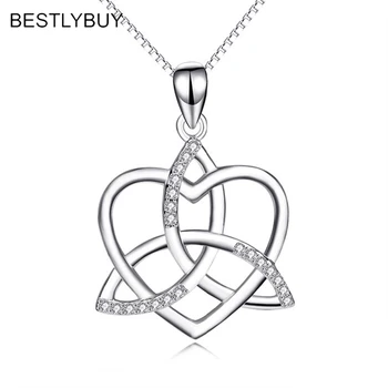 

925 Sterling Silver Love Heart Cubic Zirconia girls Silver Pendants & Necklaces Chain jewelry Celtics Knot Necklace women 2018