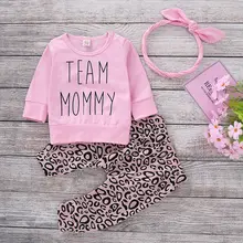 Одежда для маленьких девочек; толстовка с длинными рукавами с принтом «Мама» и леопардовые штаны; комплект с повязкой на голову