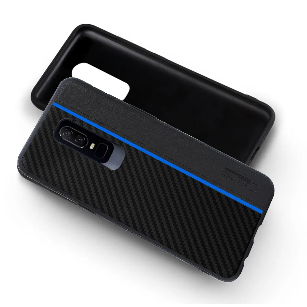Funda de cuero de PU de fibra de carbono Oneplus 6 Funda original a prueba de golpes Funda de protección completa One Plus 6 Funda 1 + 6 Funda trasera de teléfono