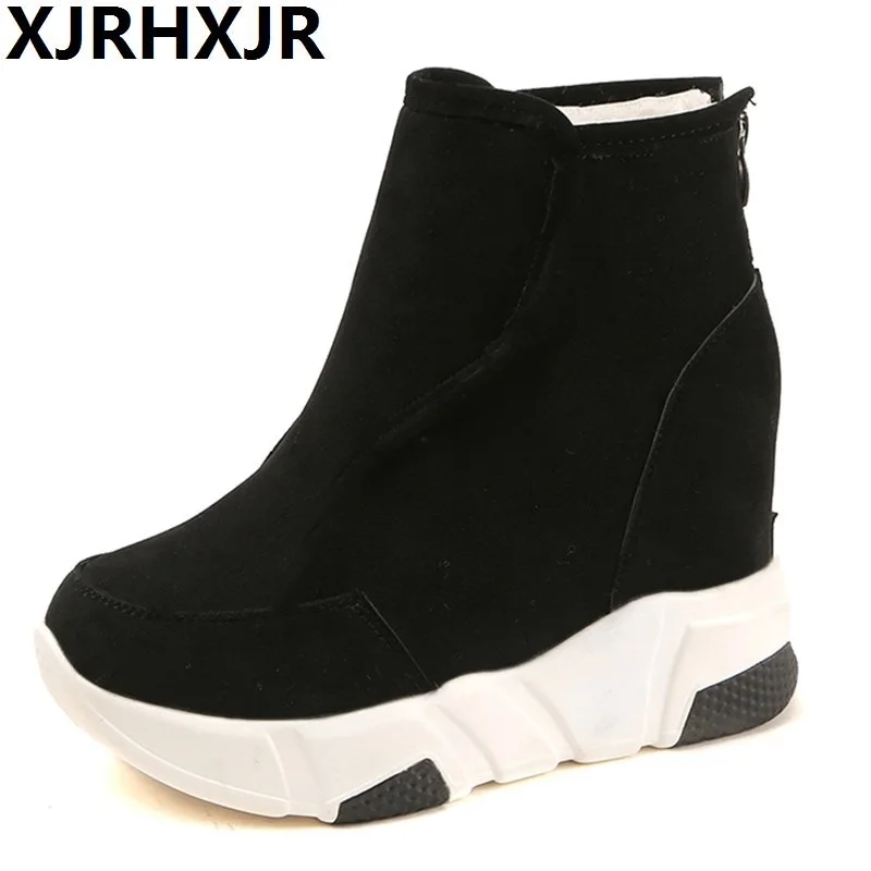 

XJRHXJR 9cm Women Round Toe Thick Bottom Boots Fashion Zipper Platform Ankle Boots Women Shoes Black Yellow Boots Shoes Woman