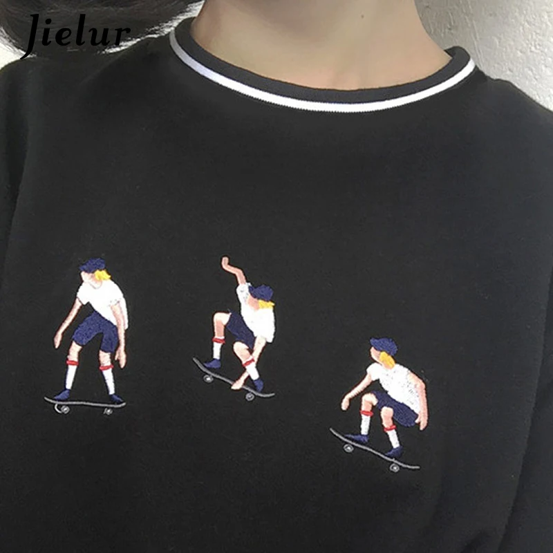 Jielur колледж Harajuku стиль скейтборд Подростковая футболка изысканная вышивка свободные футболки с коротким рукавом женские повседневные топы
