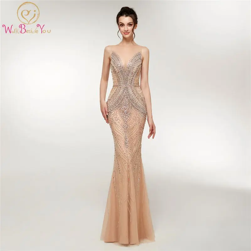 

Mermaid Evening Dress 2019 New champagne Luxurious Sleeveless Formal Party Gown Beading Crystal Sequined Tull vestido de festa