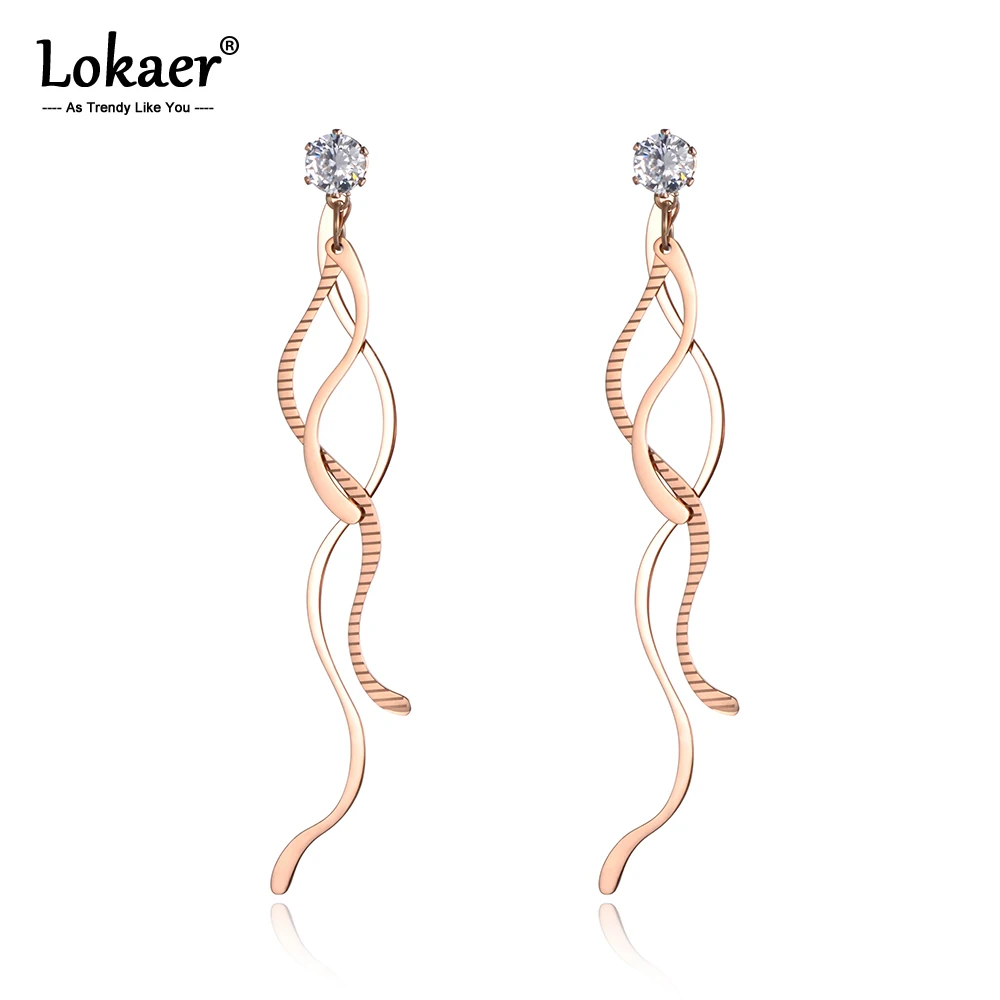 

Lokaer Trendy Stainless Steel Geometric Bending Tassel Earrings Jewelry Rose Gold CZ Crystal Dangle Earrings For Women E19110