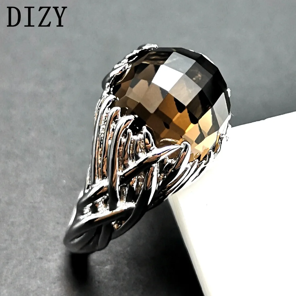 

DIZY Round Checkboard 7.8Ct Smoky Quartz Ring 925 Sterling Silver Gemstone Ring for Women Gift Wedding Ring Engagement Jewelry