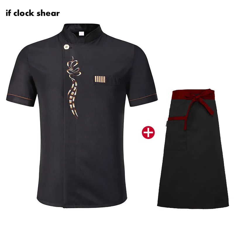 

High Quality Short Sleeve Chef uniforms Restaurant Hotel Kitchen chef clothes unisex Breathable black Jacket+Apron cooking Set