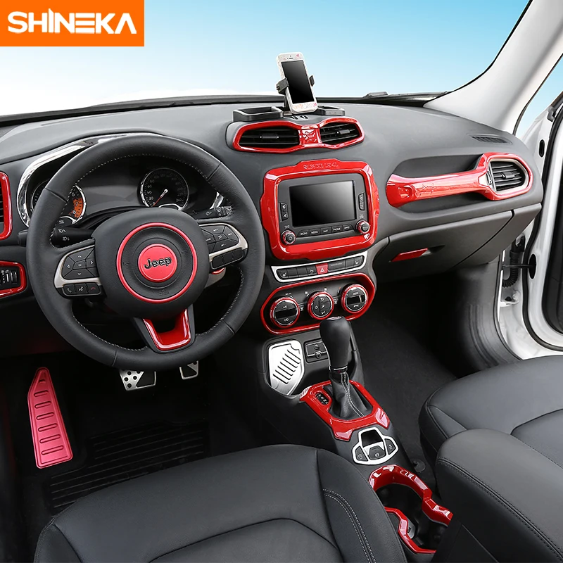 SHINEKA Car Interior Cover Decoration Kits Inner Knob Moulding Trims Full Sets For Jeep Renegade 2015-2016 (Red)