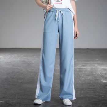 

Denim blue women tencelloose straight wide leg casual trousers 2019 summer new side stripe free shipping