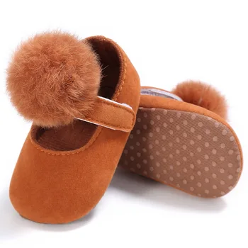 

New sweet Hairy Ball baby Girl Shoes Prewalker Suede leather Baby Moccasins Soft soled First Walkers mary jane Ballet shoes