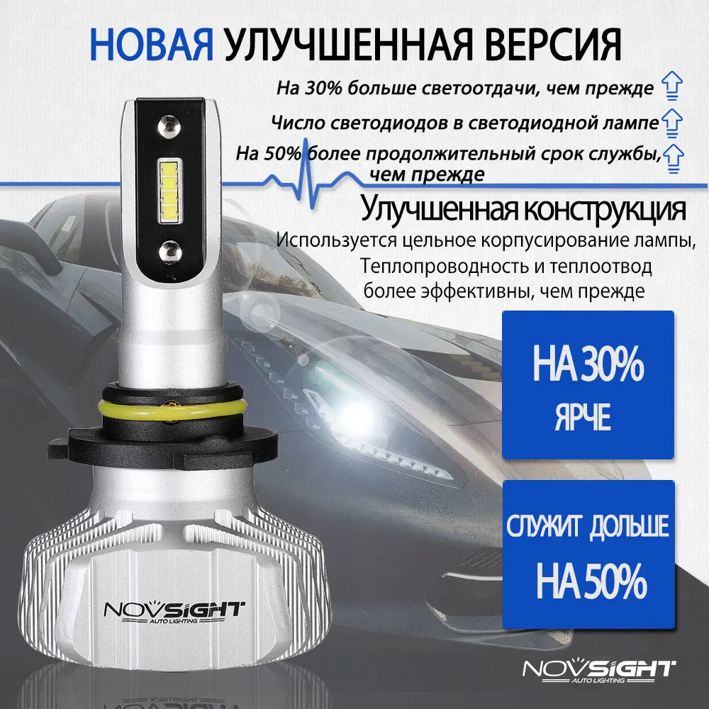 Автомобильные фары головного света Novsight, светодиодная лампа h7,  h4, h11,9005, цветовая температура 6500K, мощность 50 Вт, 10000 лм