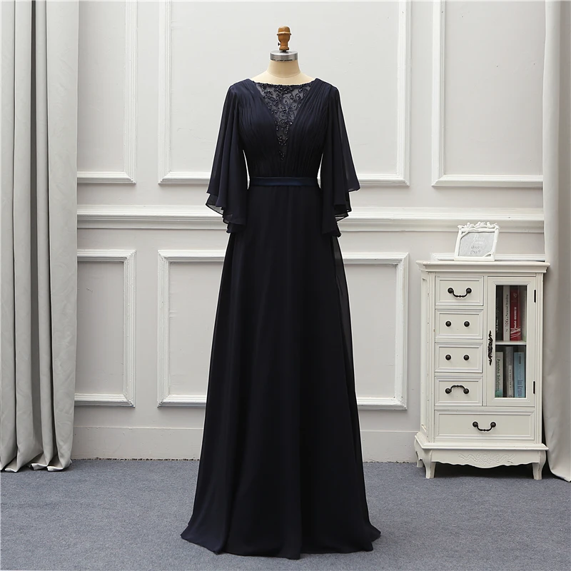 Navy Blue V-Neck Half Sleeve Long Evening Special Occasion Dress ...