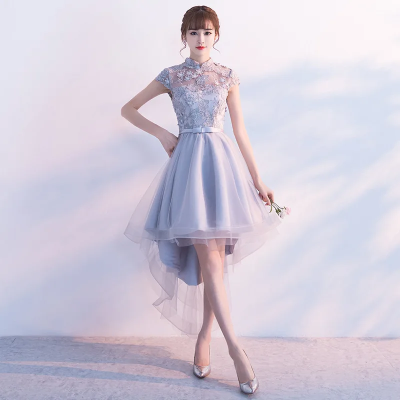 

Gray Wedding Bridesmaid Dress Vintage Female Mandarin Collar Cheongsam Embroidery Floral Elegant Slim Qipao Sexy Vestidos