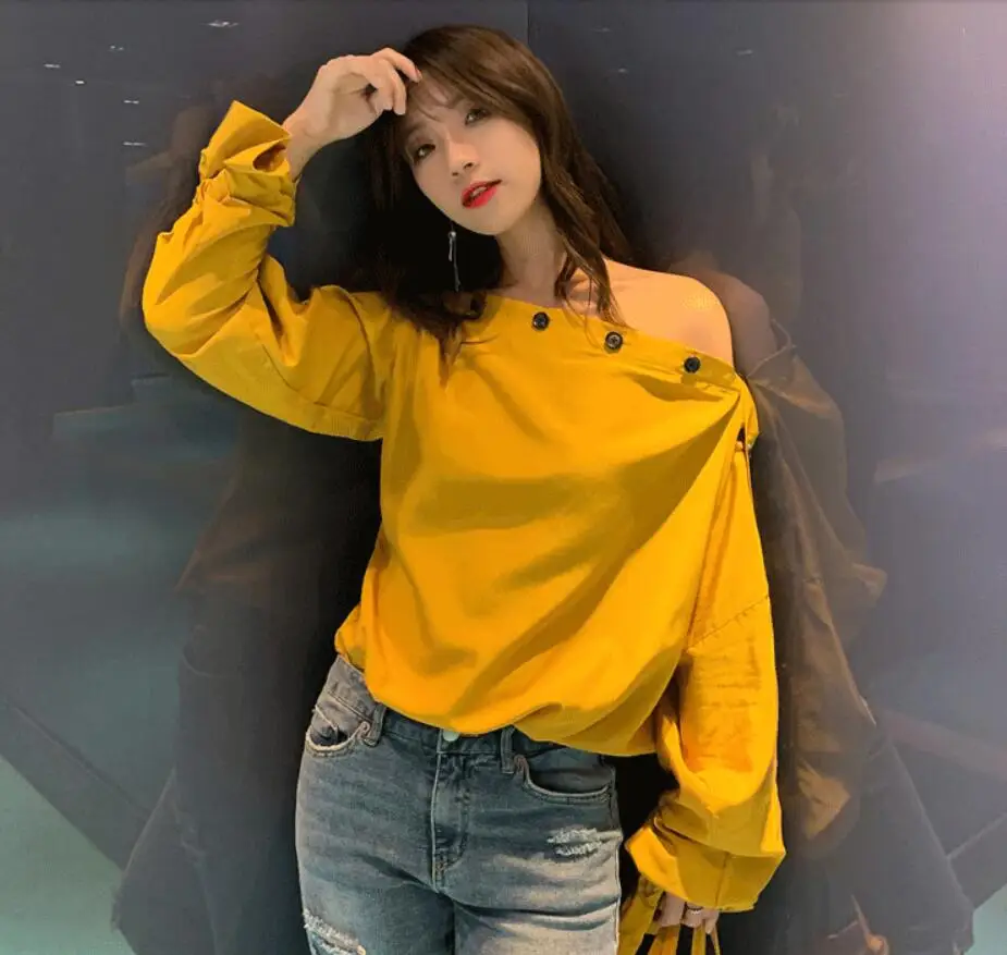

Elegant Women Blouses Tops 2019 Spring New Korea Fashion Slash neck Off Shoulder Top Yellow Long Sleeve Shirt