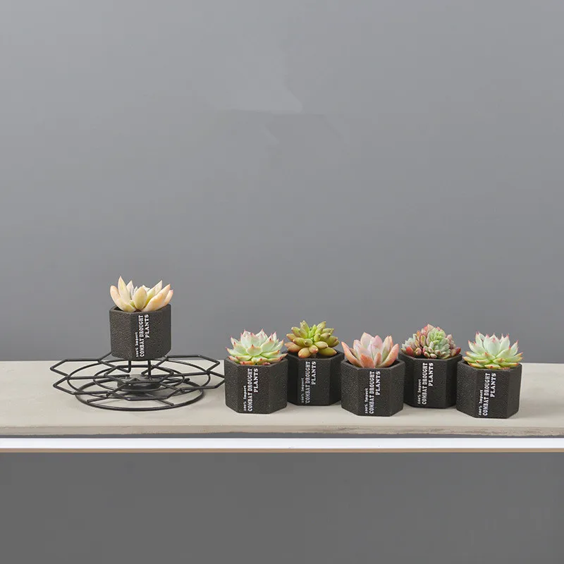 Modern Cement Succulent Green Planter Pot Bonsai Flower Pot With Rotatable Iron Shelf 6 Pots For Garden Home Ornament