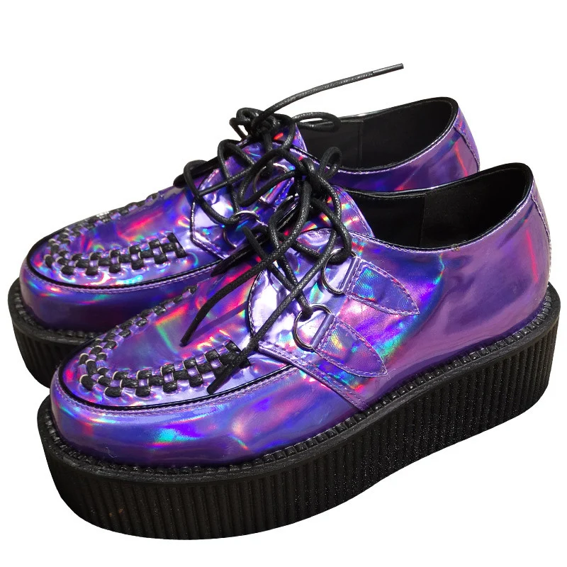 AODOLLSSize 35~43 Four Seasons Men Punk Gothic Rock Double Platform Creepers Shoes Lace UP Purple laser hologram Shoe