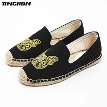 TINGHON модные женские туфли женская обувь Espadrille дышащая парусиновая вышивка собака Hemps в рыбацком стиле обувь на плоской подошве