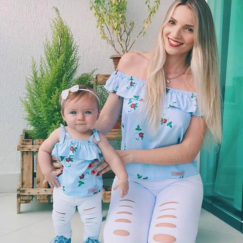 

Mother and Daughter Family Match Clothes Off shoulder Striped Floral Tops+Hole Pant Legging 2PCS Clothing Set