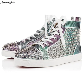 

SHOOEGL Luxury Men Shoes Spike Studs Sneakers/ Loafers Lace Up Platforms Rivets Shoes Mixed Color Shoes Men Runway