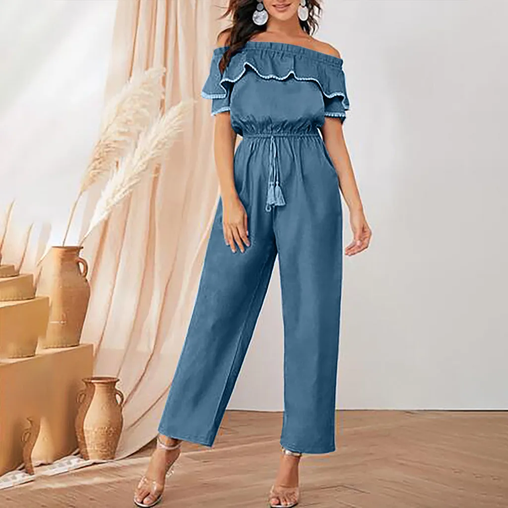 off shoulder jean jumpsuit