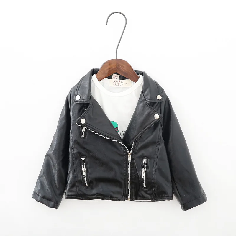 Autumn Children PU Leather Jacket Girls Coat Zip Turn-down Collar Short Faux Leather Outwear Kids Windbreaker Black Jacket
