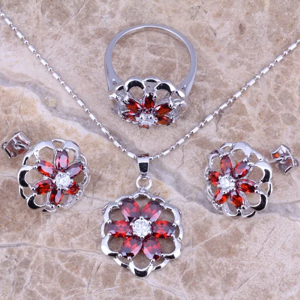 Shiny Red Garnet Silver Plated Jewelry Sets Earrings Pendant Ring Size 5.5 - 8 S0136 | Украшения и аксессуары