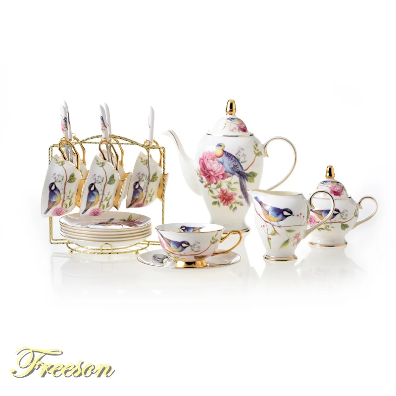 

Pastoral Bird Bone China Coffee Set Europe Porcelain Tea Set Ceramic Mug Pot Sugar Bowl Creamer Teapot Teatime Party Coffee Cup