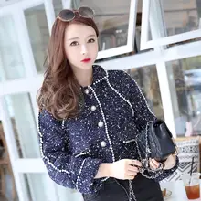 Маленький шерстяной костюм знаменитостей с бусинами из ладана, твидовая короткая женская куртка с длинными рукавами и жемчугом на весну и осень