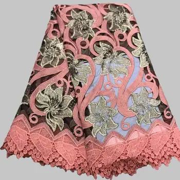 

Pink High Quality french tulle lace fabrics 5 yards For Clothes Embroidered french tulle lace fabrics with Rhinestones XDR04