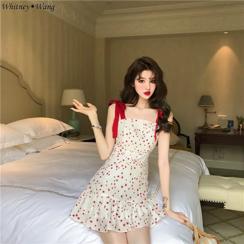 WHITNEY WANG/2019 летнее модное уличная мини платье с принтом звезд и бантом для женщин