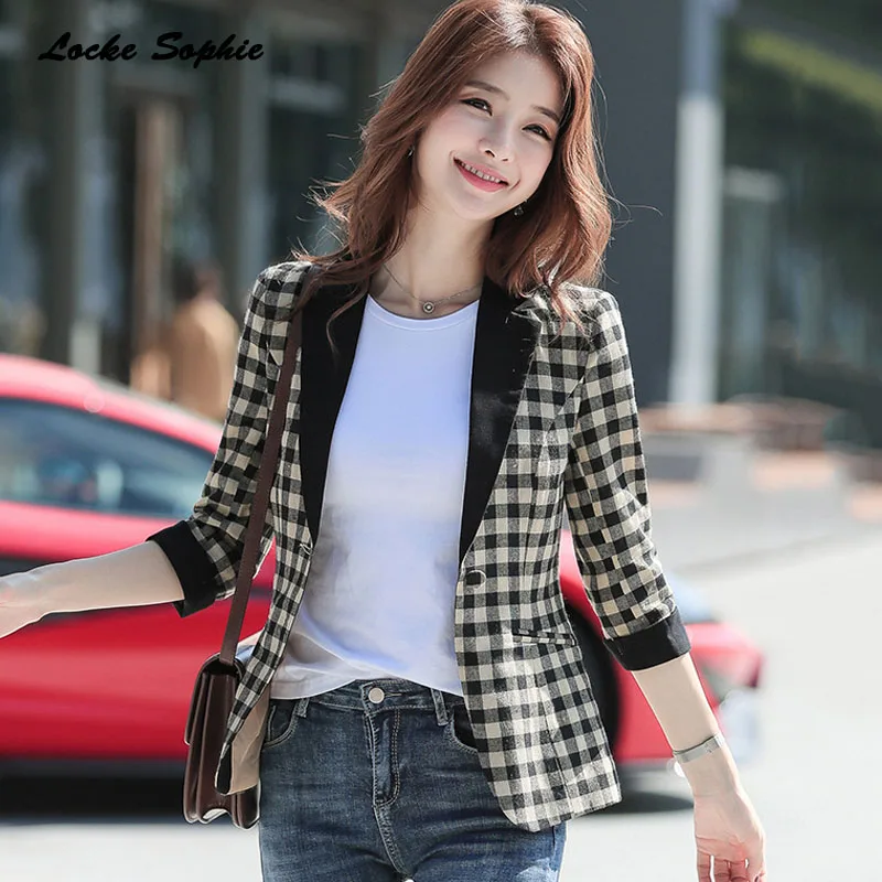 1pcs Women Plus size Slim fit Blazers coats 2019 Summer cotton blend plaid Small Suits jackets ladies Skinny Blazers Suits coats