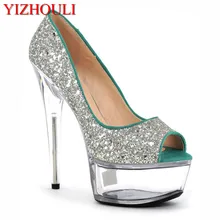 Блестящая обувь с открытым носком, украшенная кристаллами и одним каблуком 15 см; обувь для клубных танцев