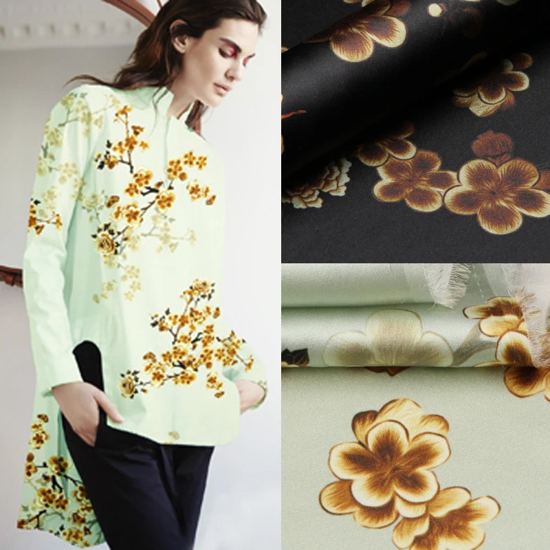 

118cm wide 19mm 93% silk & 7% spandex floral stretch silk satin fabric for dress shirt clothes cheongsam black and green D726