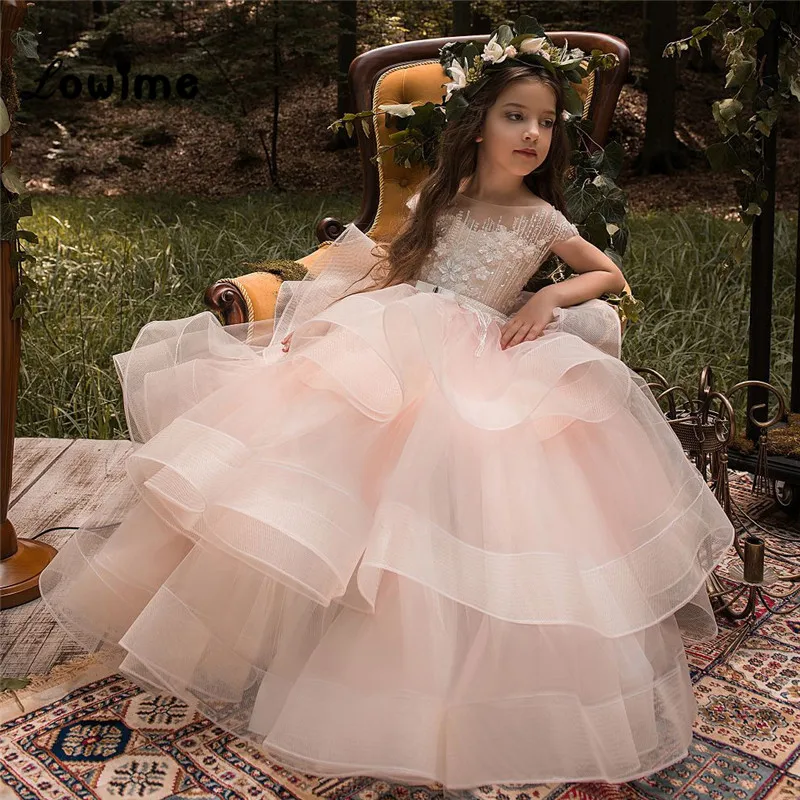 Rosa-2018-flor-Girl-vestidos-para-bodas-vestido-de-bola-Cap-mangas-Tulle-moldeado-beb-primeros_