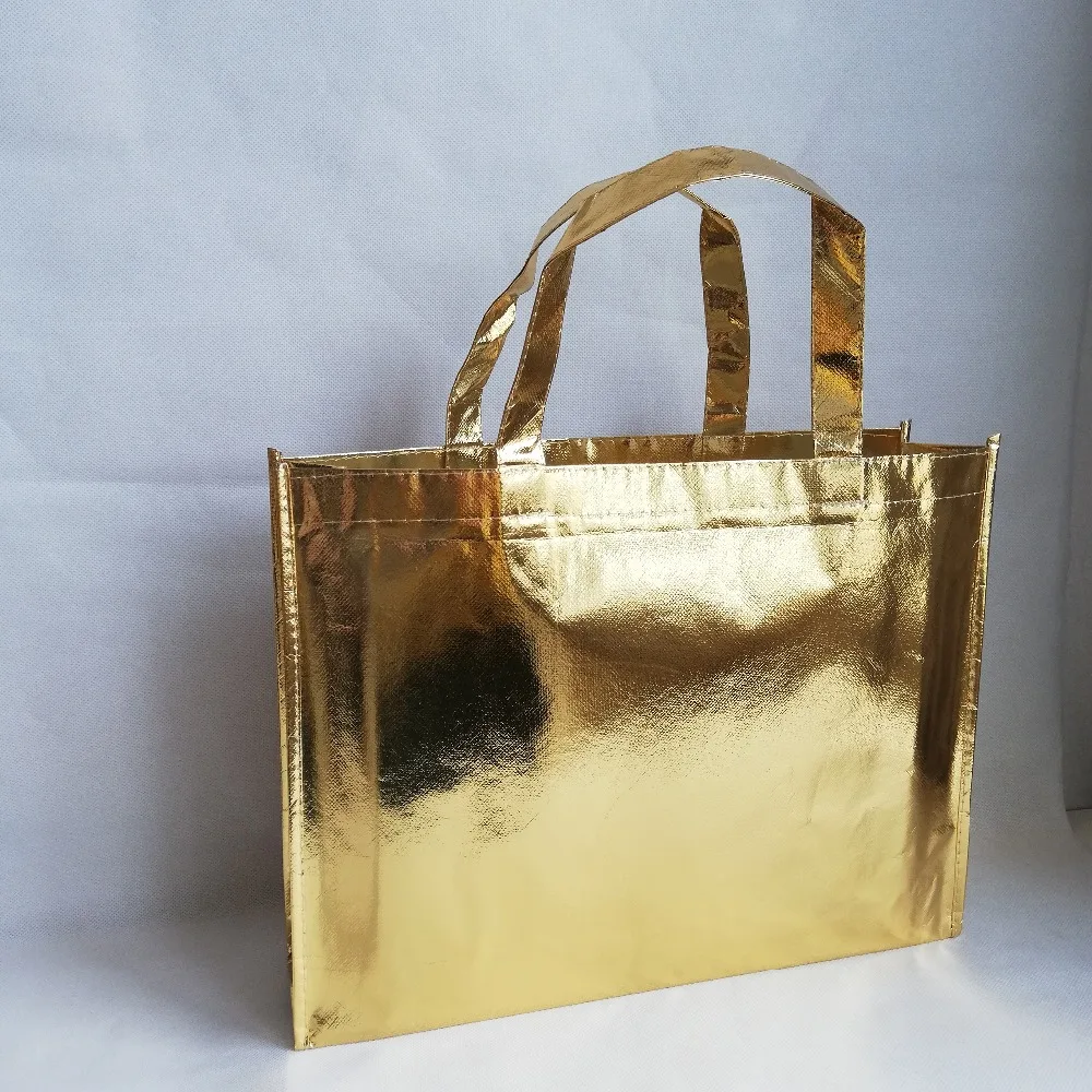 

100pcs/lot Shiny Gold Metallic Laser Shopping Tote Bag Whalesales Solid Non Woven Bags for Fair Trade Show Party and Other Event