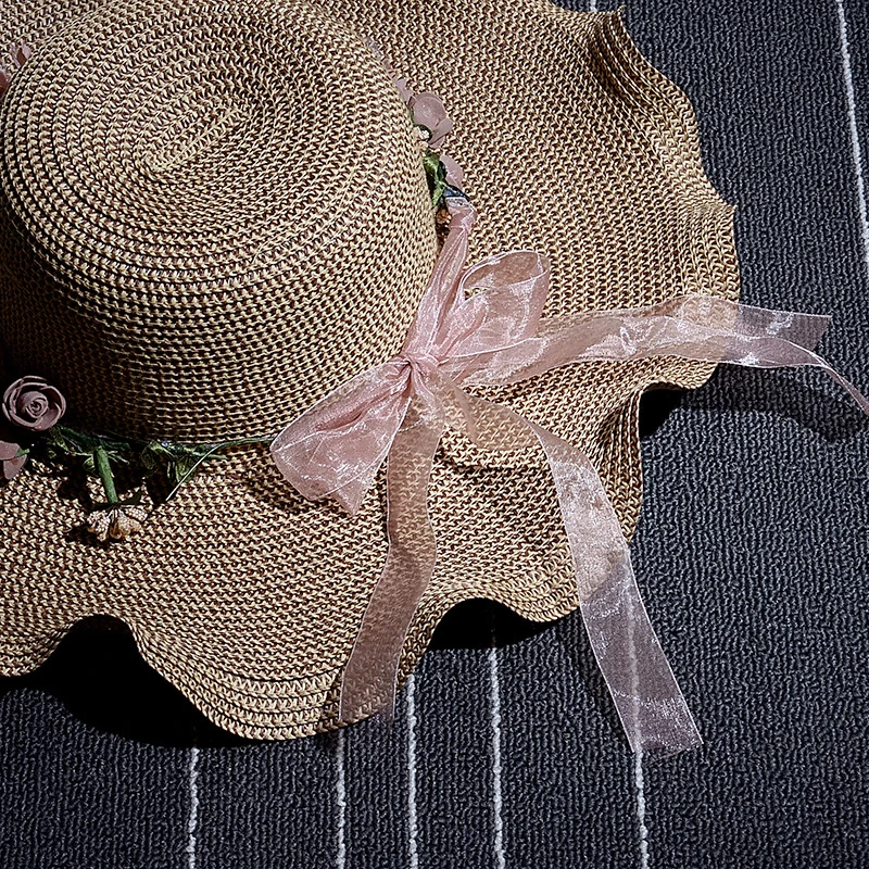 Новая женская дышащая женская соломенная шляпа летний розовый венок розовая лента Chapeau Femme Wave широкий пляжный навес Кепка Панама