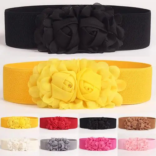 

Fashion Women Girl Fashion Wide Stretch Elastic Waist Belt Solid Color Flower Waistband Gift